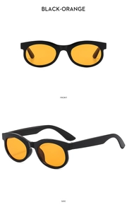 Retro oval sunglasses with thick black frame and bright orange tinted lenses, dual angle view