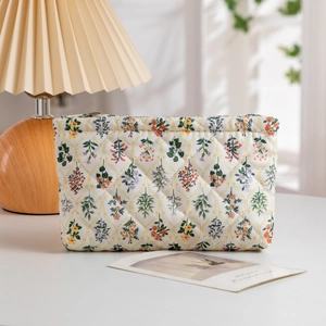 Detailed view of floral quilted fabric texture on large travel toiletry pouch