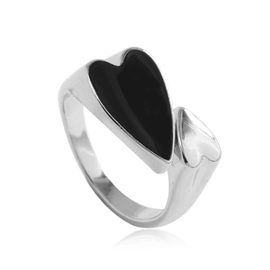 Minimalist silver and black enamel double heart open ring with a modern creative design