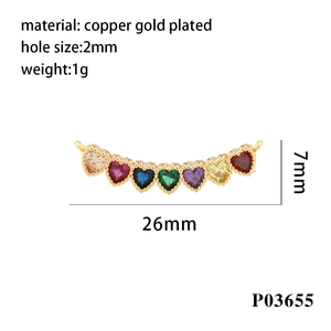 Detailed dimension guide for 18K gold plated connector with heart-shaped colorful zircons