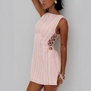 Vestito Mini A Righe Rosa E Bianco Senza Maniche Girocollo Poliestere Stringato Laterale Estate Spiaggia Donna