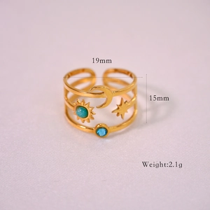 Detailed view of gold sun moon star ring with dimensions 19mm by 15mm and 2.1g weight