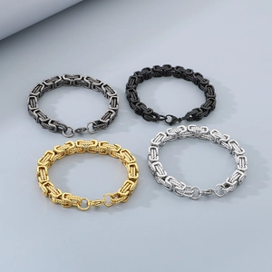 Hip-hop stainless steel Byzantine chain bracelet set in gold, silver, and black finishes