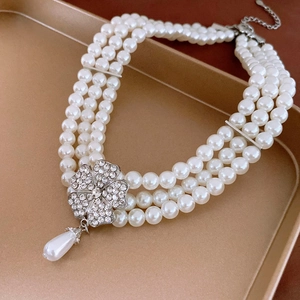Multi Layer Artificial Pearl Choker Necklace Alloy Rhinestone Flower Pendant Teardrop Artificial Pearl Drop Elegant French Style For Women