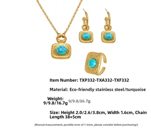 Details des quadratisch gehämmerten Edelstahl-Schmucksets mit blauer Türkis-Einlage