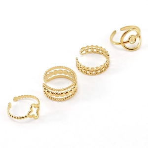 4-piece set of gold stainless steel adjustable rings with clover and geometric patterns