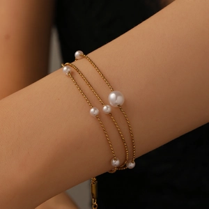 Multi Layer Artificial Pearl Bracelet Stainless Steel Three Layer Bead Chain Elegant Fashion Jewelry For Women Adjustable
