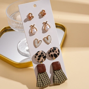 Set of 5 vintage geometric leather and pearl stud earrings for women in gold finish