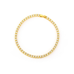 Detailed view of single row diamond tennis bracelet in gold finish with secure clasp
