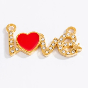 Pendentif LOVE plaqué or 18 carats avec cœur en strass rouge pour colliers et bracelets