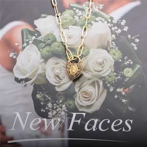 Golden paperclip chain necklace with multicolor zircon heart locket and virgin mary relief