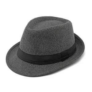 Classic dark grey wool fedora hat with a wide black ribbon band on white background