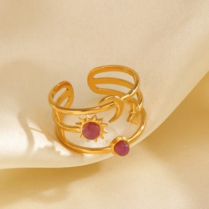 Three-layer celestial open ring in gold finish with purple gems and sun-star-moon motifs