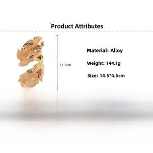 Detailed specs of golden leaf upper arm cuff made of alloy weighing 144.1g and 14.5cm high