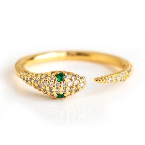 Elegant 18k gold plated snake ring featuring sparkling zircons and green stone eyes