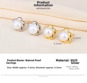 Macro detail of S925 silver flower earrings with white freshwater pearls in gold and silver