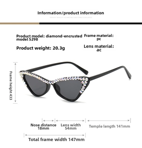 Detailed view of cat eye sunglasses dimensions and weight with rainbow rhinestones