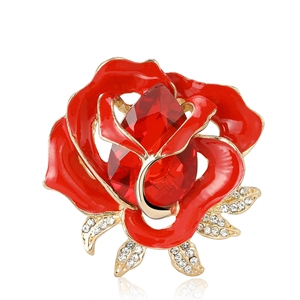 Fashion alloy red enamel rose brooch with gold plating and sparkling crystal accents