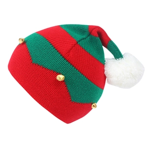 Festive red and green striped knit Christmas elf hat with golden bells and white pompom