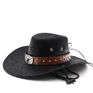 Black western cowboy hat featuring vintage bull head buckle and star studs on leather band