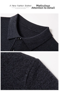 Detail view of the fine knit texture and neckline of the dark grey men's polo sweater