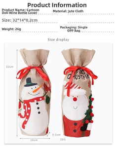 Detailed size chart for burlap Christmas wine bottle covers featuring Santa and Snowman