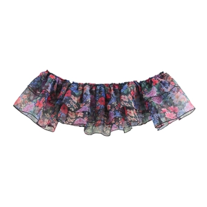 Florales Schulterfreies Crop Top Lagiges Organza Volant Durchsichtig Mini Bluse Damen Süß Elegant
