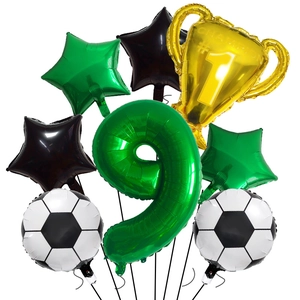Soccer championship trophy balloon set with green number 9 and foil stars for birthday party