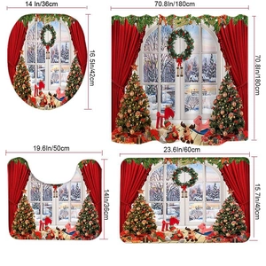 Christmas shower curtain set with bath mat, toilet lid cover and U-shaped rug in red theme