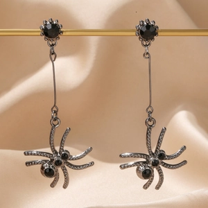 Gothic style spider drop earrings with black gemstones in silver finish design