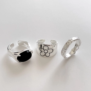 925 Sterling Silver Rings With Black Onyx And Flower Pattern Adjustable Textured Vintage Jewelry For Women