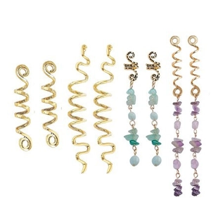 Boho braid hair rings with golden metal spirals and natural green purple stone pendants