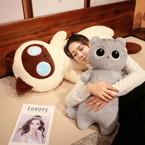 Soft long plush cat body pillows shown in a cozy home setting with a model