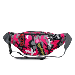 Pink camouflage waist bag with adjustable grey strap and secure black plastic buckle