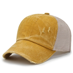 Vintage-Baseballcap in Senfgelb im Distressed-Look mit grauem atmungsaktivem Mesh-Netz