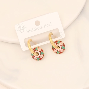 Vintage gold stainless steel drop earrings with colorful floral enamel patterns