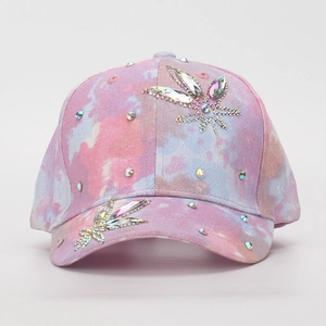 Kids colorful tie-dye baseball cap with sparkling rhinestone flower pattern decoration