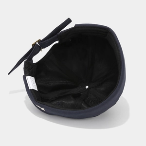 Navy blue cotton docker cap with fox embroidery and metal adjustable buckle on back