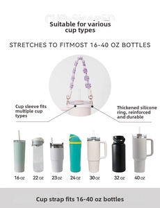 Detail of purple floral woven cup strap with silicone ring for 16oz to 40oz bottles