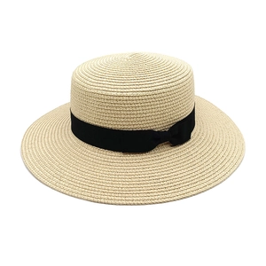 Boater Hat Summer Straw Woven Sun Hat Flat Top Wide Brim Vintage British Style Elegant Ribbon Bow Beach Travel Women