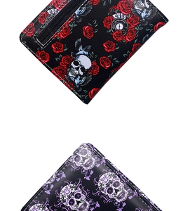 Close-up of gothic spider skull and red rose prints on black PU leather wallets