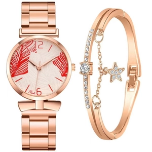 Women's rose gold watch set with palm leaf dial and matching star charm bracelet