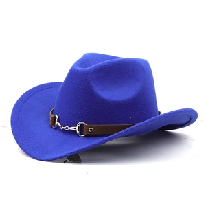 Close-up of royal blue fedora hat with brown leather band and silver buckle detail