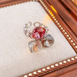 Elegant square zircon open ring with three-tone crystal stones on woven chain band