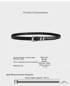 Detailed view of black PU leather belt with silver buckle showing width and length dimensions