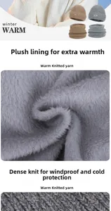 Detail of thick fleece lining and tight knit texture on winter hat and neck warmer set