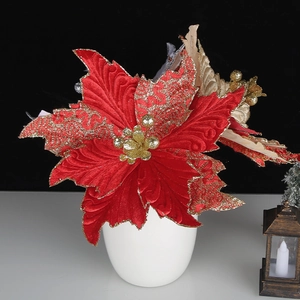 Three-layer glitter artificial poinsettia Christmas flower with gold center