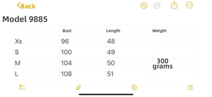 Tableau des tailles détaillé pour l'ensemble gilet licou et jupe à carreaux, de XS à L