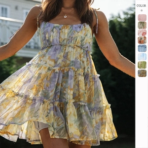 Robe Courte Fleurie À Bretelles Spaghetti Pour Femme Été À Volants Étages Style Boho Chiffon Sexy Sans Manches Vacances