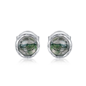 Minimalist S925 sterling silver stud earrings with natural green moss agate stones